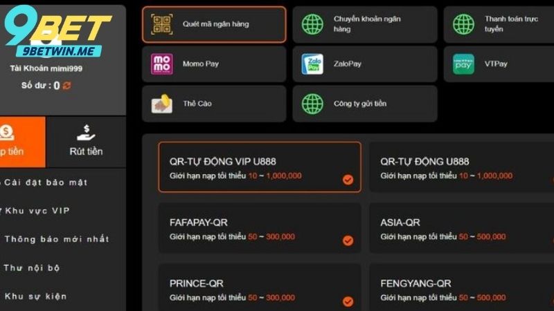 Nạp tiền vào tài khoản 9bet là thao tác đơn giản